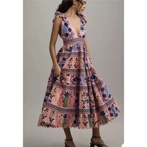 FARM Rio X Anthropologie Seashell Tapestry Tiered Midi Dress Pink Blue - Medium